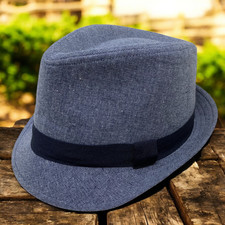 David & Young Blue Denim Fedora Gangster Hat Trilby Cuban Hip Hop Linen Blend