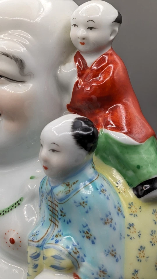 Vintage Porcelain Chinese Laughing Buddha with Five Children Large Figurine - Image 4 of 4