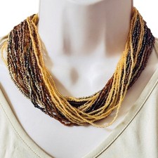 VTG glass multi Necklace Beaded Collar Bib Runway Statement Regal Gold Black 80s