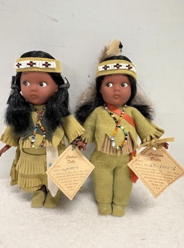 Set Of Two Vintage Carlson Native American Indian Dolls With Baby And Tags