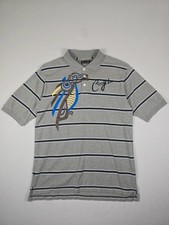 Coogi XL Grey Striped Polo Shirt Tribal Bird Embroidered Y2K Streetwear Top 679