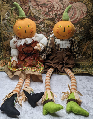 2 Primitive Style Mr Mrs Pumpkin Head Dolls Shelf Sitters Halloween Folk Art 25''