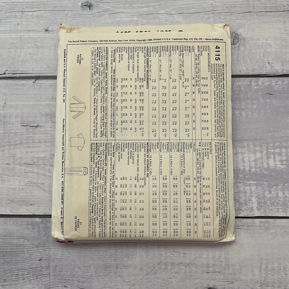 McCalls 4115 Sewing Pattern Jacket Shirt Pants Shorts Wardrobe Mens 42-44 UNCUT - Image 2 of 3