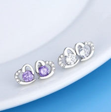 Women 925 Sterling Silver Amethyst Cubic Zirconia Heart Stud Earrings Gift Box