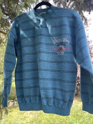 VTG Bugle Boy Sweatshirt Mens S Crewneck Teal Blue Black Stripe 90s Classic