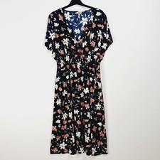 NEW - Elastic Waist Floral Print Casual V-Neck Dress - Navy - XL
