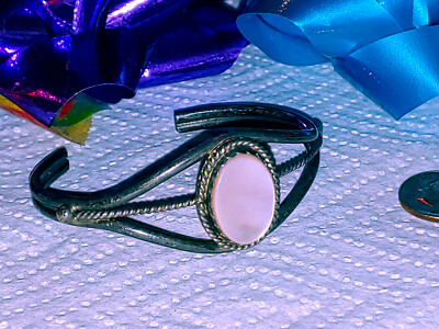 Marc Mark Begay, Navajo, Coin Silver Pink Stone Twisted Wire Cuff  Bracelet