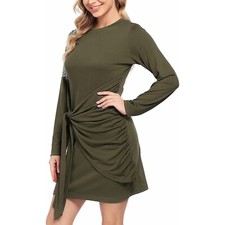 Casual Long Sleeve Tie Waist Ruched Bodycon Mini Crew Neck Cocktail Dress Green