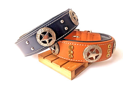 STG Genuine Leather Star Tan/Black Handmade Dog/Cat Collar Premium Dog Collar