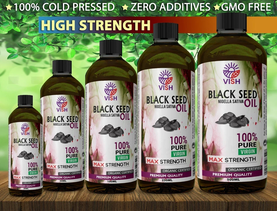 VISH RAW Schwarzkümmelöl MAX STÄRKE 100 % JUNGFRÄULICH KALTGEPRESST Nigella Sativa Kreuzkümmel UK