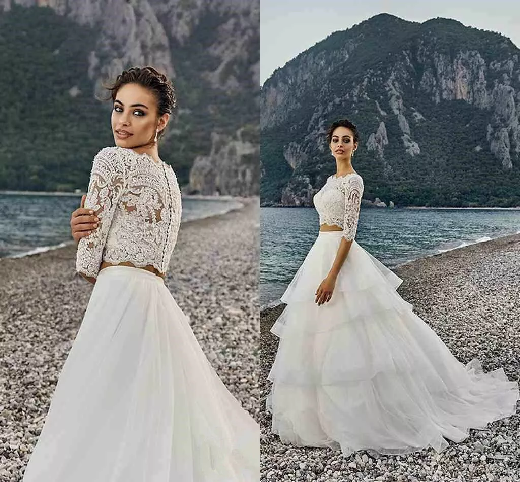 Two Pieces Sheer Neck Half Sleeves Lace Tulle Wedding Dress Ruffles Bridal  Gowns