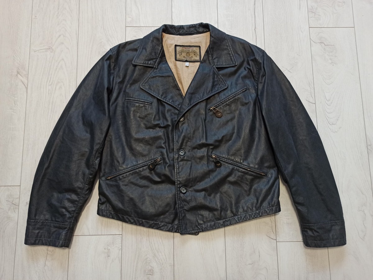 Armani Rare Men's Black Leather Biker Jacket Size 52 Vintage