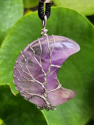 Tree of life Amethyst Moon Pendant Cord Necklace Crescent Wire Wrap Jewellery - Picture 8 of 23
