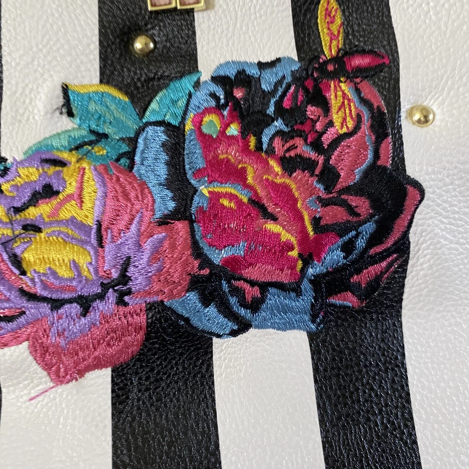 Betsey Johnson Purse Black White Floral/Rose Stripe Bag - Image 2 of 4