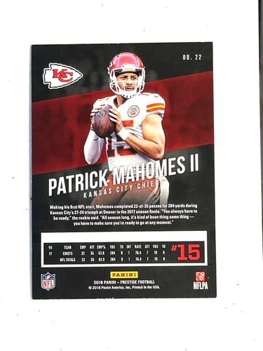 2018 Panini Prestige #22 Patrick Mahomes II Kansas City Chiefs Football Card - Picture 4 of 4