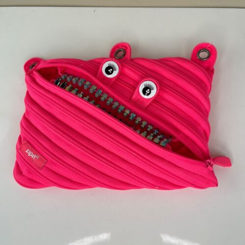 Zipit Neon Pink Monster Eyes Iridescent Teeth Ring Pouch Makeup Pens Pencils - Picture 5 of 6
