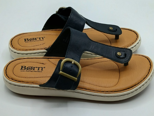Born Jules T Shape Thong Black Leather Sandals Brass Buckles Size 7M Comfy - Picture 9 of 10