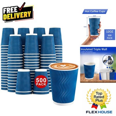500 Count 12 oz Insulated Disposable Coffee Cups | Stylish Navy Ripple Design