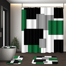 Green Geometric Shower Curtain Set with Toilet Lid Cover and Non-Slip Rugs for B