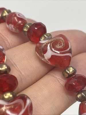 Vintage Murano Red Heart Glass Necklace White And Gold Swirls Lamp Work Toggle