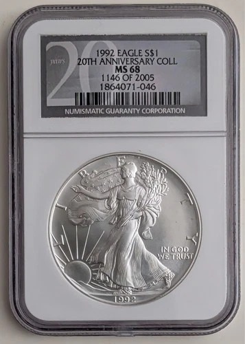 1992 AMERICAN 1 OUNCE SILVER EAGLE NGC MS68 20TH ANNIVERSARY SKU 1864071-046
