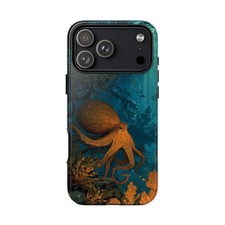 For iPhone / Galaxy / Pixel   Orange Glowing Octopus Teal Sea Phone Case