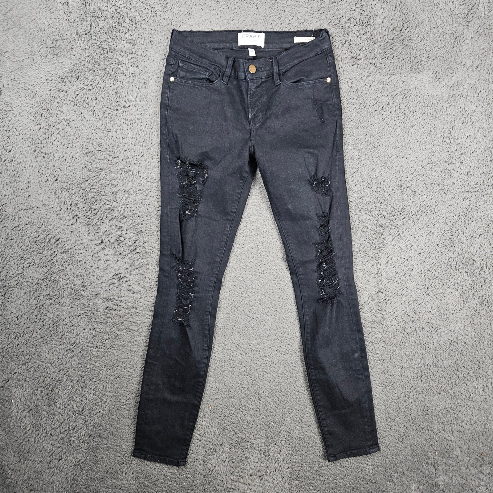 Frame Denim Le Skinny de Jeanne Black Distressed Ripped Jeans Film Noir 26