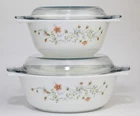 2 Vintage PYREX England Emily Spring Garden Casserole Dishes 8” & 6.5” with Lids