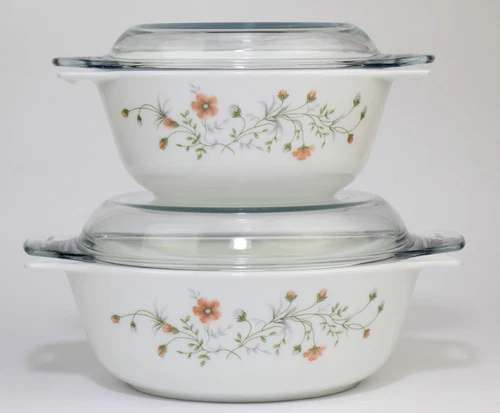 2 Vintage PYREX England Emily Spring Garden Casserole Dishes 8” & 6.5” with Lids