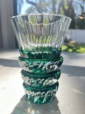 Signed Val Saint Lambert Emerald Green Crystal Vase VTG 6" Flared Art Deco
