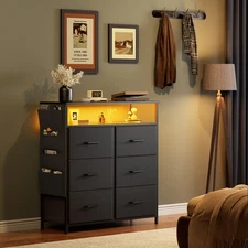 Dresser with LED Light, Fabric Chest of Drawers with Shelf & Side Pocket, Black