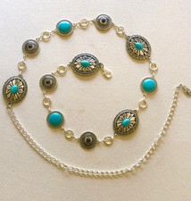 Silver Western Concho link chain belt  Manmade turquoise Metal Belt  Vintage