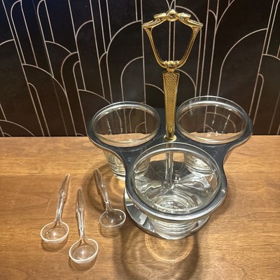 Vintage 1970 s Kromex Condiment Caddy 3 Glass Rotating Chrome Condiment Server