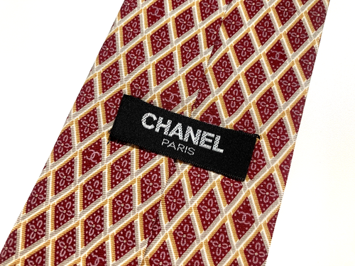 CHANEL VINTAGE DIAMOND CC COCO EMBLEM TIE GRIDS LOGO HIGH END ITALY RED - Picture 2 of 16