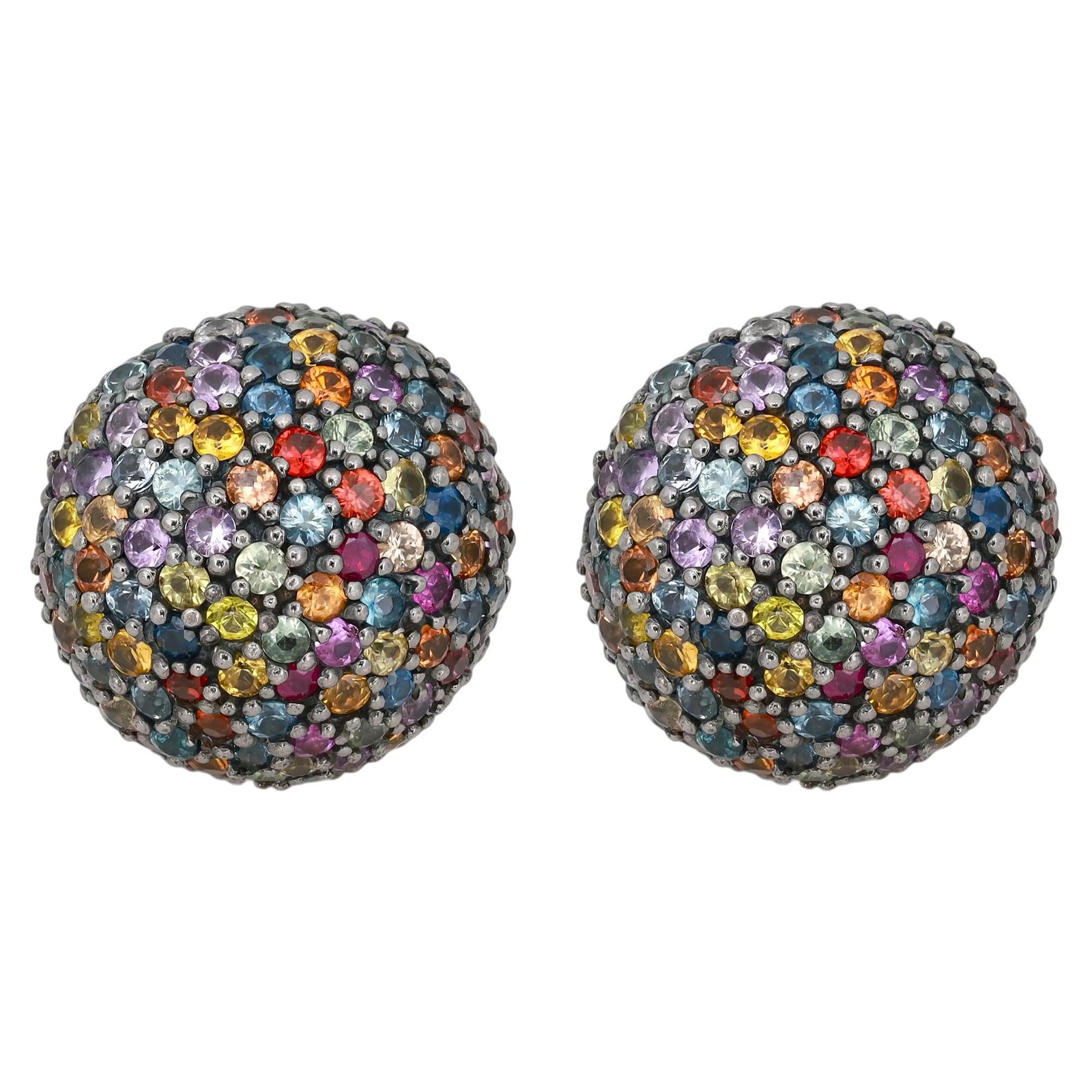 MCL Round Multi Colored Sapphires Stud Earrings 925 Sterling Silver