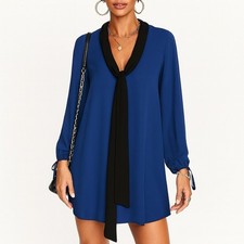 Charles Henry Blue Black Tie Neck Designer Dress XS Long Sleeve Dark Academia