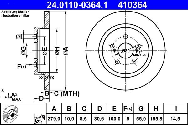 2X Ate 24.0110-0364.1 Bremsscheibe FüR Lexus Toyota-image