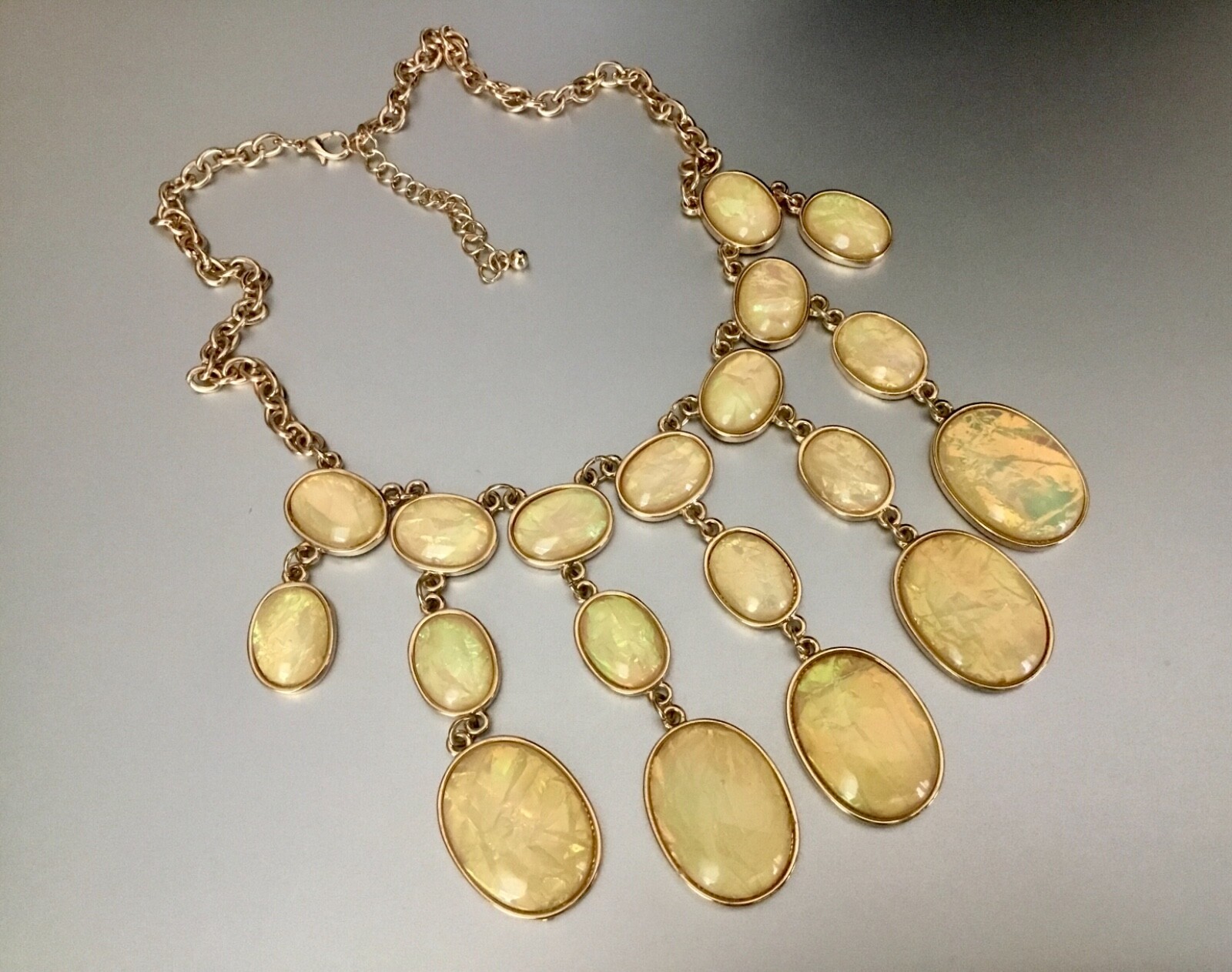 Chunky Statement Bib Necklace Large Gold Tone Oval Dangling Iridescent Cabochons