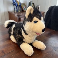 Vintage 1989 Siberian Husky 14  Lying Plush Dog Blue Eyes Husky Stuffed Toy