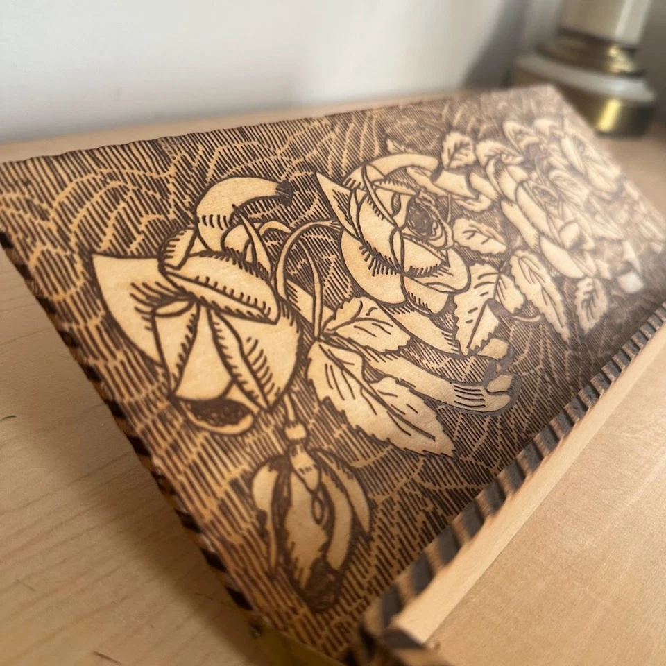 Antique Wizard L. F. Grammes & Son Wooden Box Pyrography Floral - Image 2 of 4