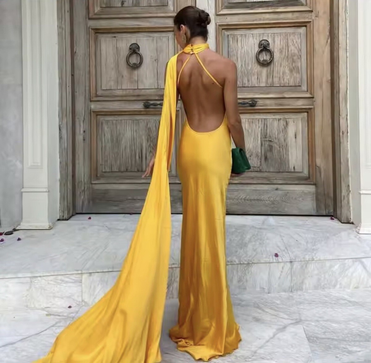 Yellow Maxi Wedding Guest Satin Dress, Long Halter Evening Gown Wedding Party | eBay Yellow Maxi Wedding Guest Satin Dress, Long Halter Evening Gown Wedding Party | eBay
