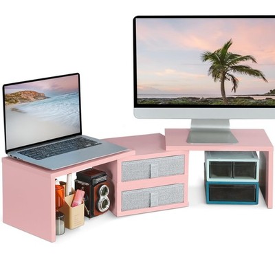 TEAMIX Pink Dual Monitor Stand Riser with 2 Drawers - Length and Angle Adjust...