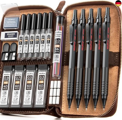 Nicpro 20 Stücke Schwarzes Metall Druckbleistift Set in Lederetui, 9 Dosen 