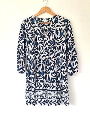 White Stuff Blue White Cotton Tunic Blouse Uk 10 Geometric V Neck 3/4 Sleeves