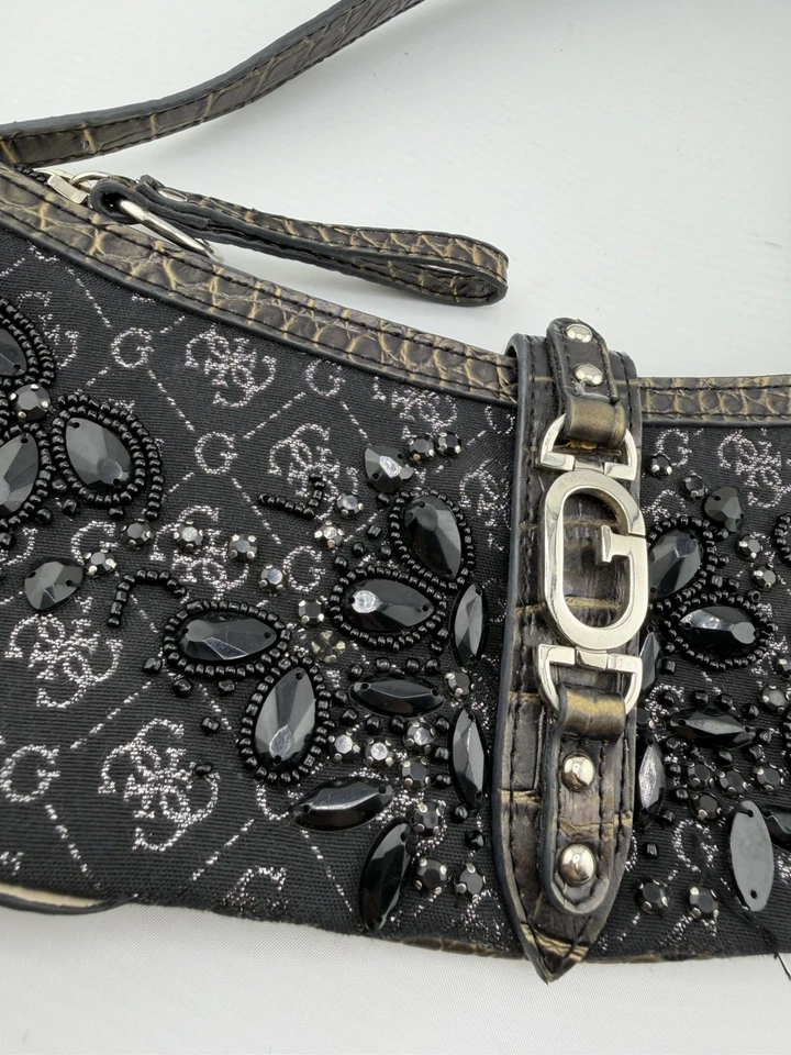 Bolso de Hombro Vintage Guess Y2K Años 90 2000 Eslinga de Mano Cartera Estrás Negro Logo Foto 2 de 4