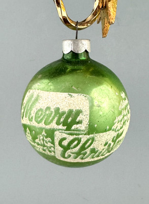 VTG Coby Franke USA Green Mica Stenciled 'Merry Christmas' Trees Ornament 2.75''