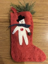 11” Handcrafted Wool Stocking W/ Primitive Snowman Appliqué Filled W/ Greenery