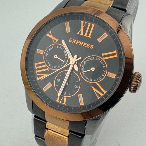 Express Quartz Watch Unisex 50m Dual Gold Steel Day Date Analog New Battery 6.5"