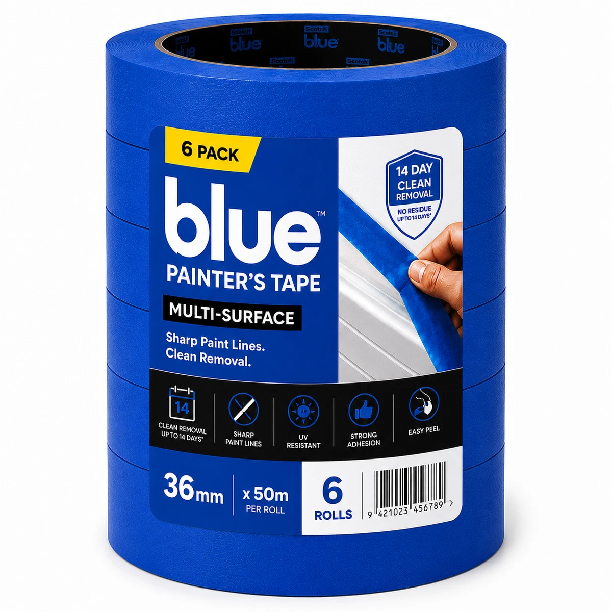Blue Painter's Masking Tape 36mm x 50m Paint Decor Adhesive Roll 6 Pack