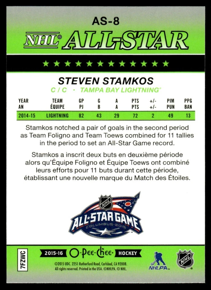 2015-16 O PEE CHEE NHL ALL STAR Steven Stamkos Tampa Bay Lightning #AS-8 - Image 2 of 2